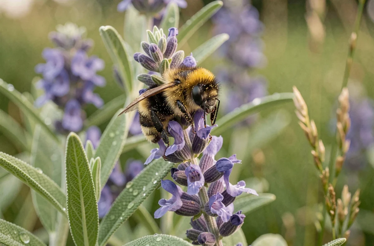 Gros plan d'une abeille butinant les fleurs violettes d'un plant de sauge taillé couvert de rosée matinale