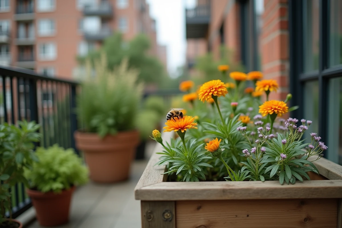 Abeille sur une fleur de calendula dans un jardin suspendu urbain avec des plantes mellifères