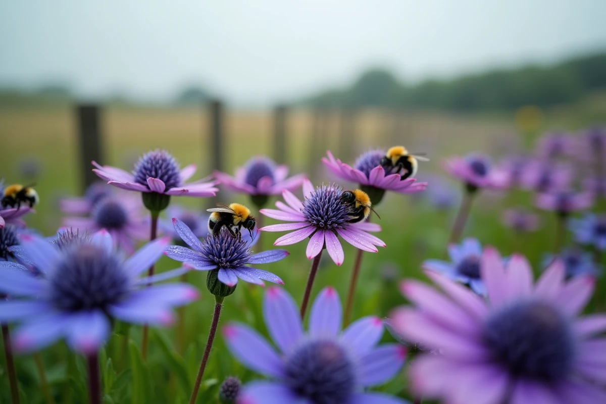 Abeilles butinant des fleurs de bourrache et d'échinacée dans un jardin sauvage fleuri