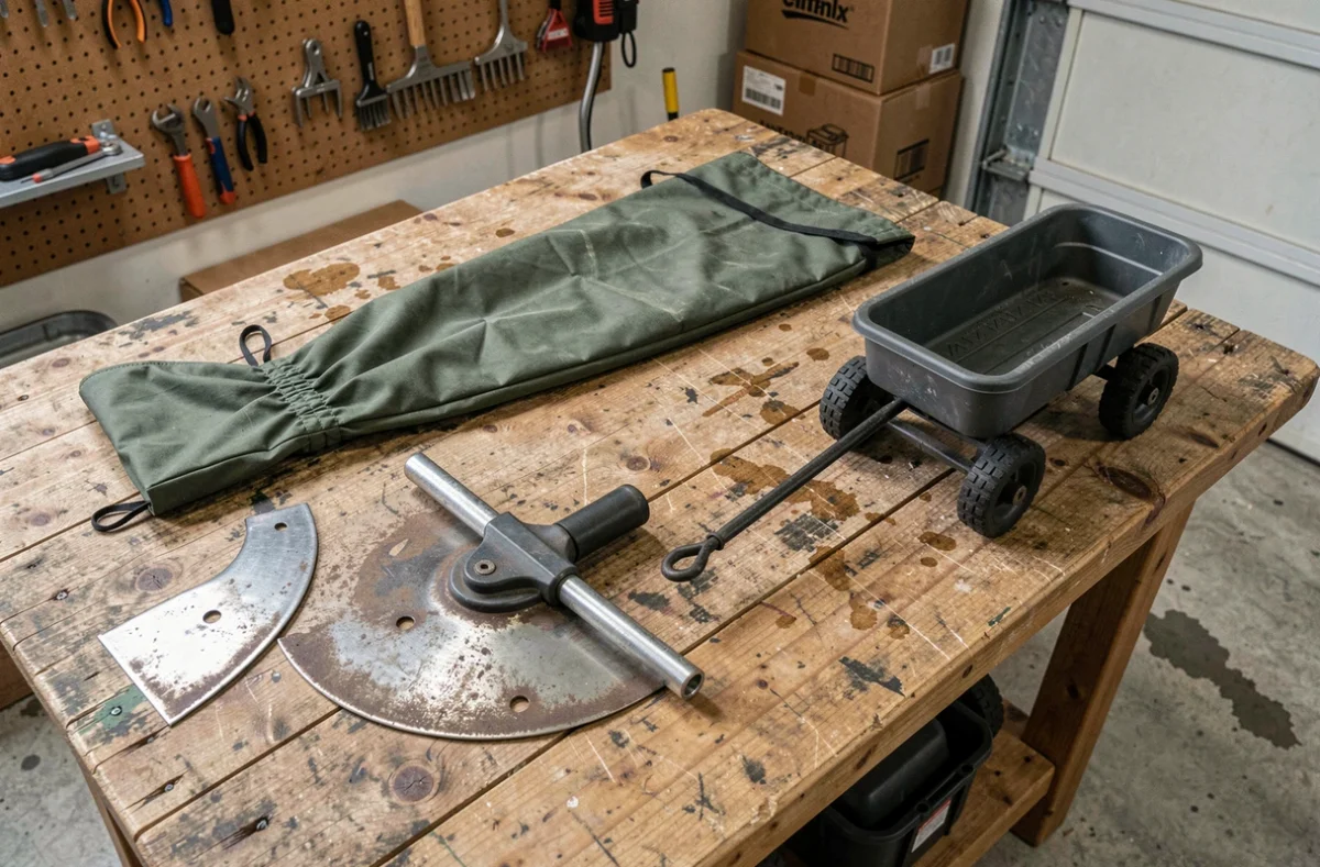 Accessoires pour tracteur tondeuse posés sur un établi de garage : lame mulching, sac de ramassage et remorque