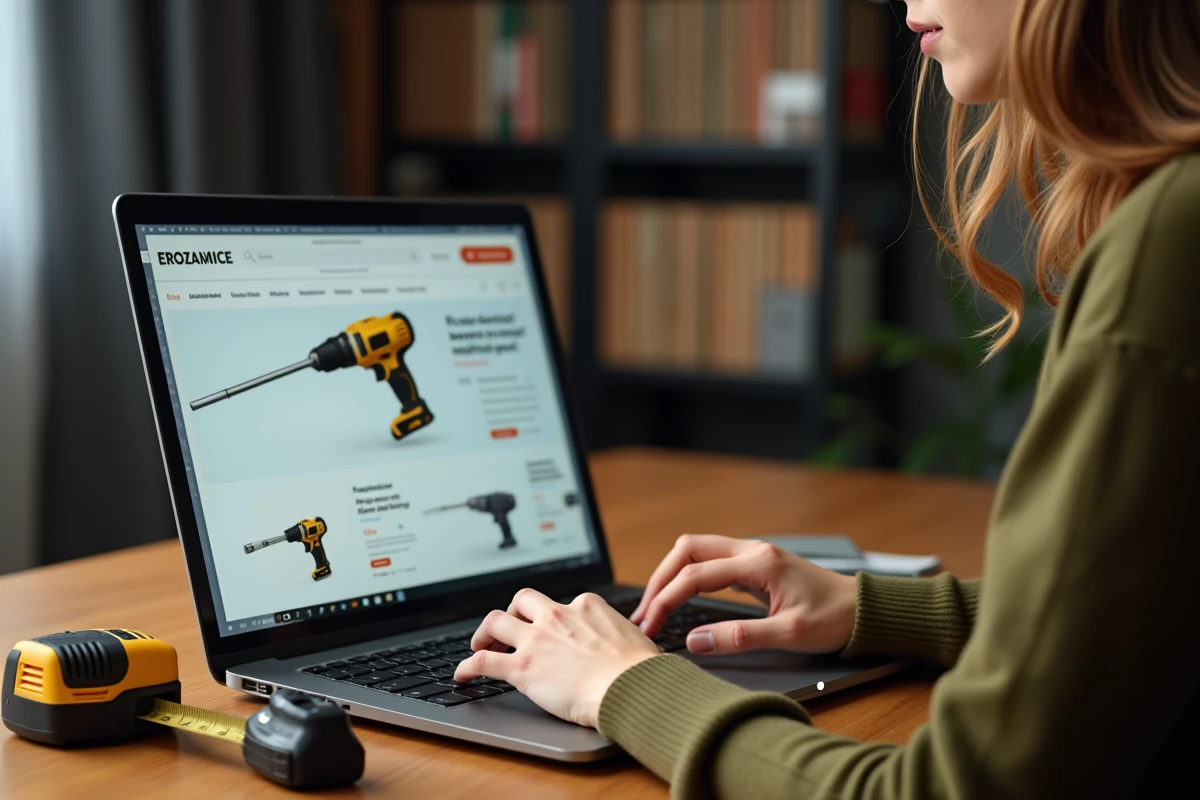 Femme comparant les prix d'outillage en ligne sur un site e-commerce