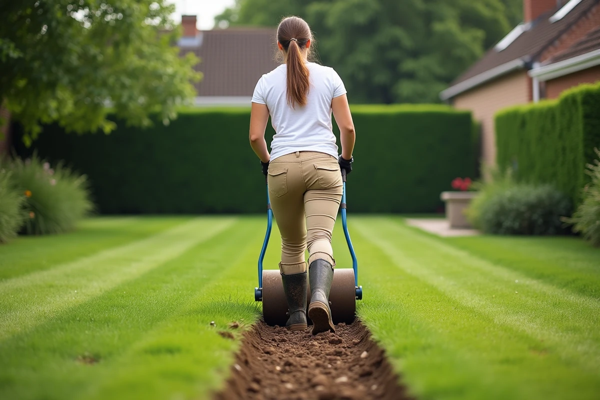 Femme aérant sa pelouse avec un rouleau aérateur manuel pour favoriser la pousse de l'herbe