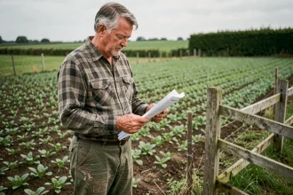 Agriculteur lisant la réglementation sur le glyphosate en bordure de champ cultivé avec clôture de séparation