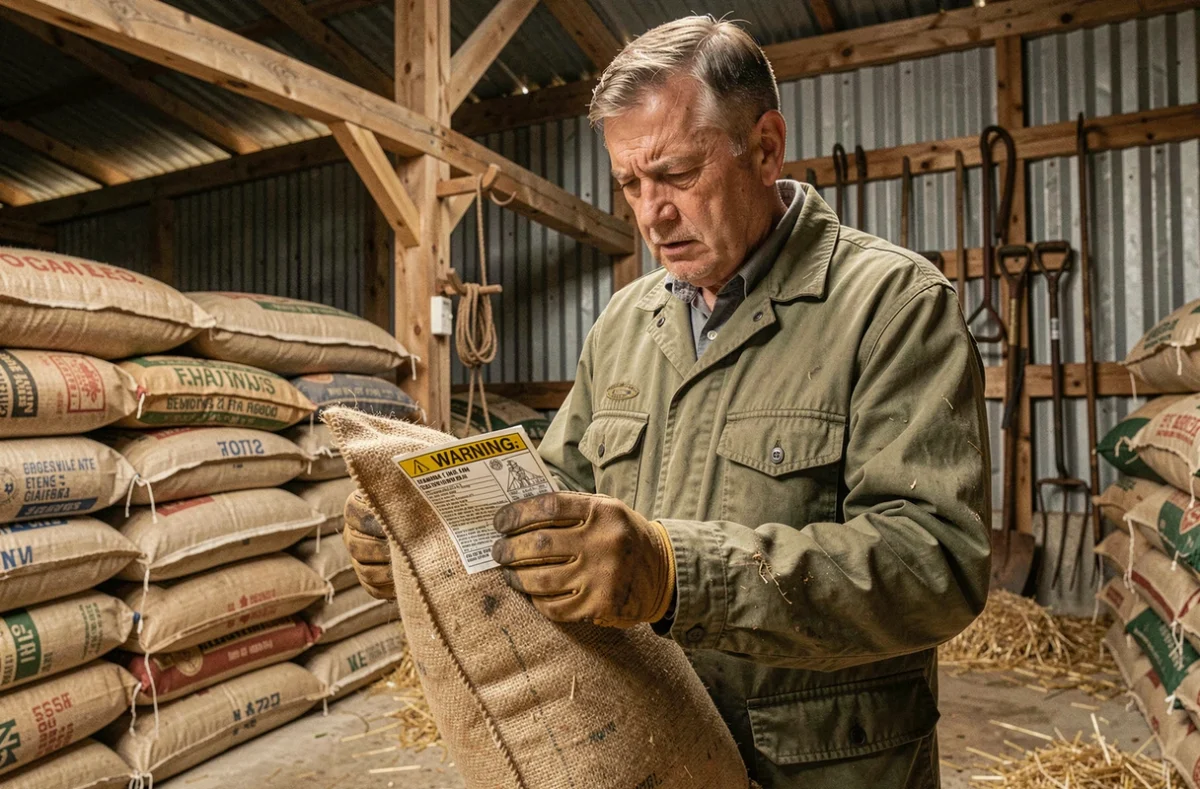 Agriculteur lisant attentivement l'étiquette d'avertissement sur un sac d'alimentation animale dans une grange, sensibilisation aux risques d'intoxication au tourteau de ricin