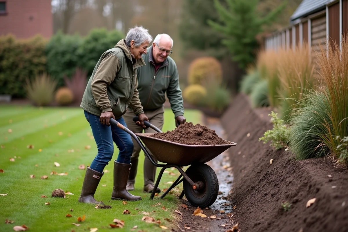 Couple aménageant un excédent de terre en butte paysagère dans leur jardin en automne avec brouette