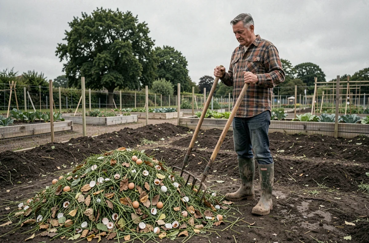 Jardinier étalant du paillage organique sur une terre appauvrie dans un jardin potager pour en améliorer la fertilité sans engrais chimiques