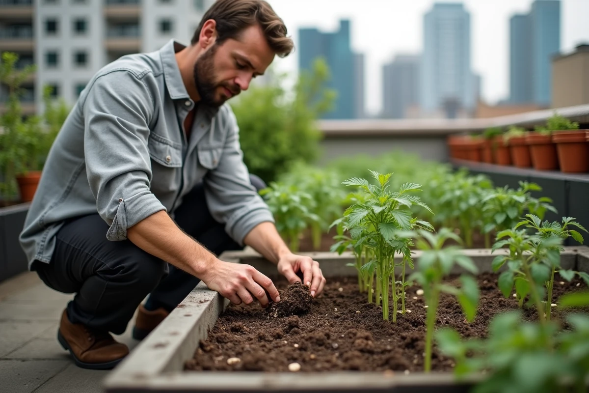 Homme intégrant du compost et des coquilles d'œufs dans le sol autour de jeunes plants de tomates sur un toit-terrasse urbain