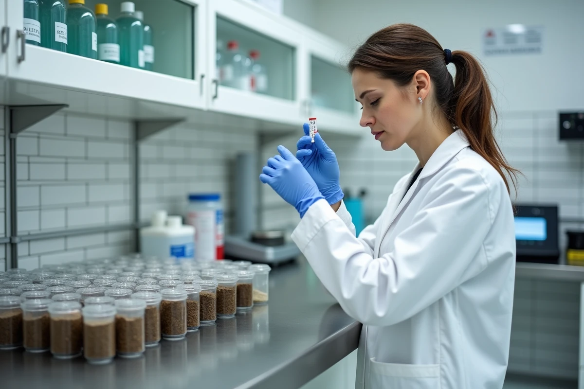 Scientifique analysant des carottes de sol en laboratoire avec des bandelettes de test pH