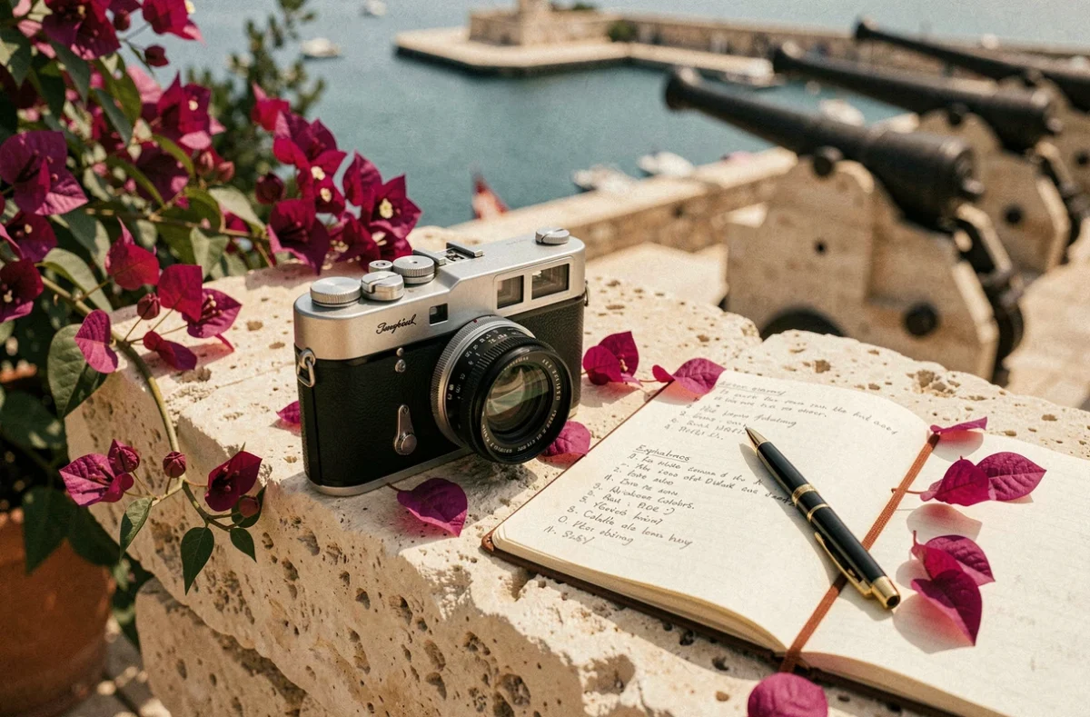 Appareil photo vintage et carnet de notes posés sur un rebord en calcaire aux jardins Barrakka de Malte avec pétales de bougainvillée