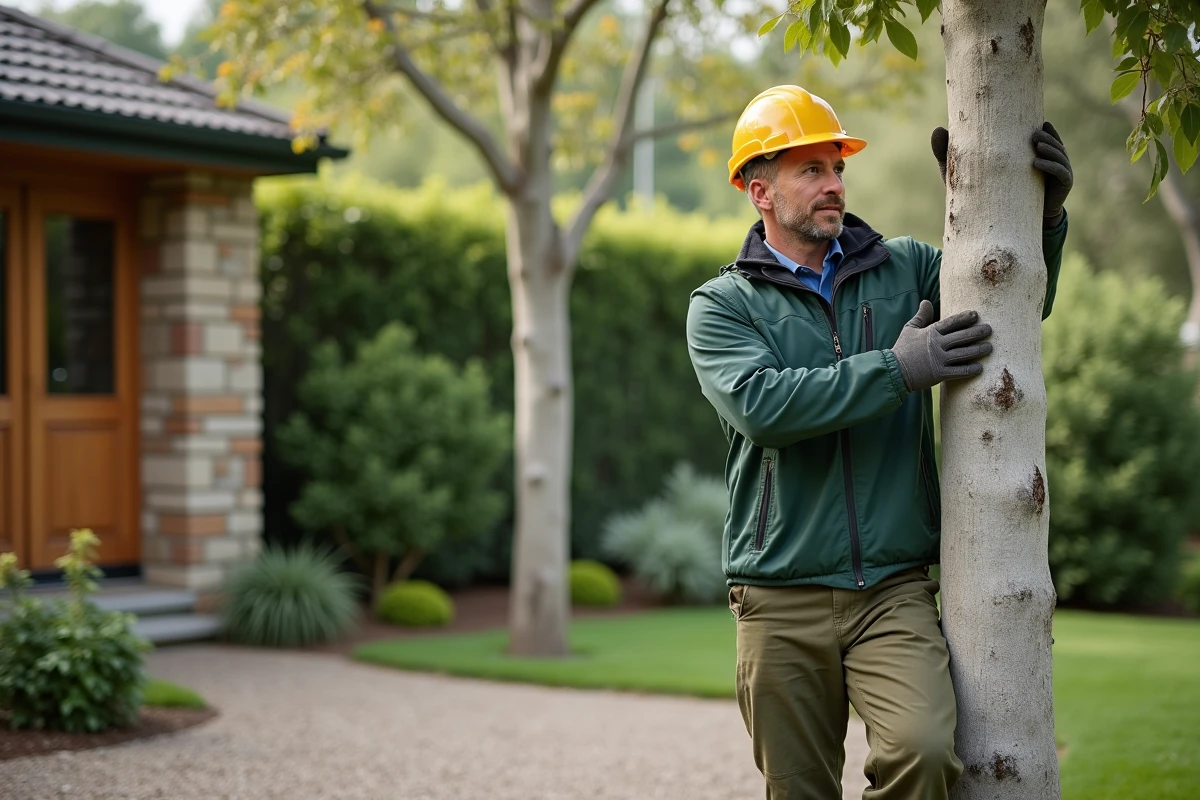Arboriste examinant un eucalyptus à croissance rapide dans un jardin privé, conseils sur le choix d'arbres à pousse rapide