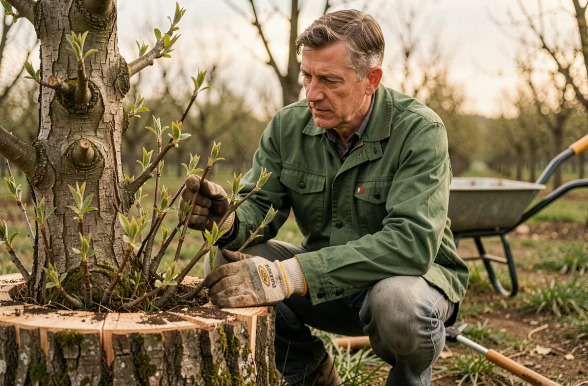 Arboriste inspectant les nouvelles pousses à la base d'un arbre fruitier après élagage dans un verger