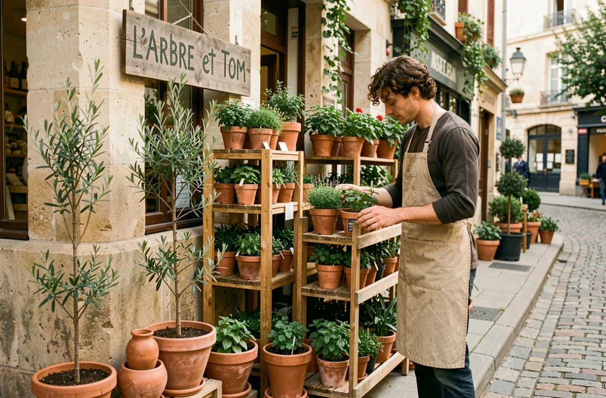 Devanture de la pépinière L'Arbre et Tom avec un employé arrangeant des plantes en pot sur le trottoir