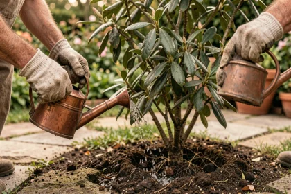 Mains d'un jardinier arrosant un rhododendron en été avec un arrosoir en cuivre, feuilles légèrement recroquevillées par la chaleur