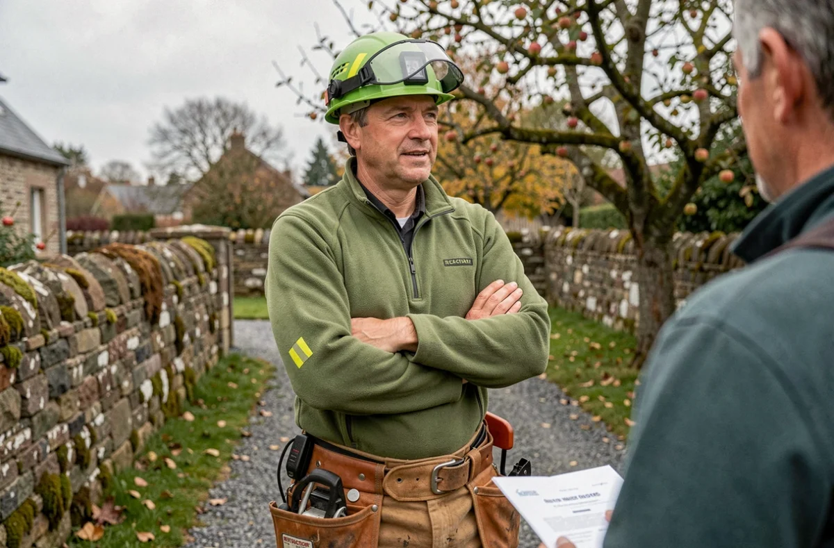 Artisan élagueur présentant ses certifications à un client dans un jardin du Finistère