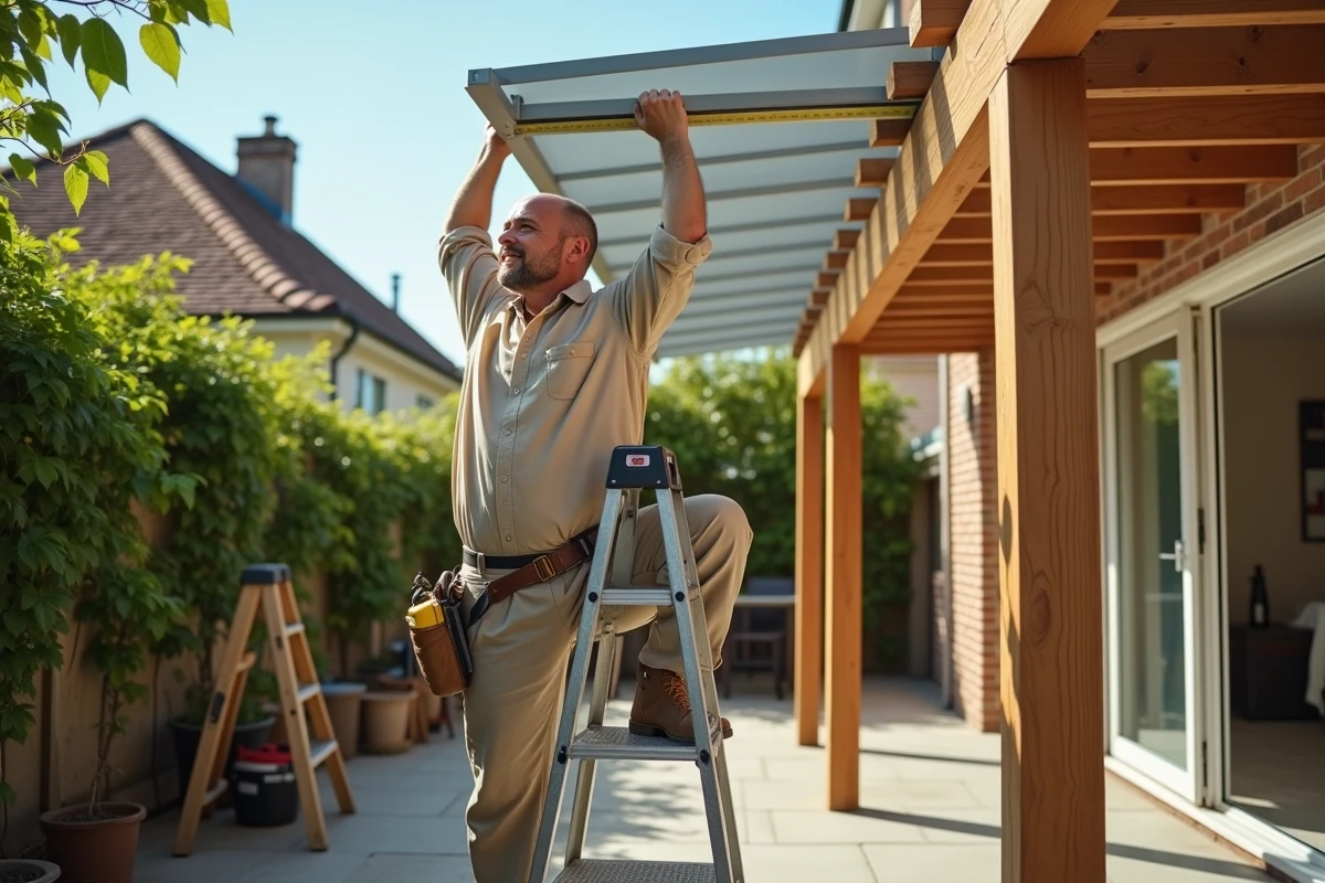 Artisan installant un panneau incliné sur le toit d'une pergola en terrasse
