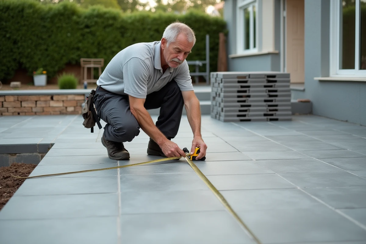 Artisan poseur de carrelage mesurant une terrasse de 30m2 en cours de construction dans un jardin résidentiel