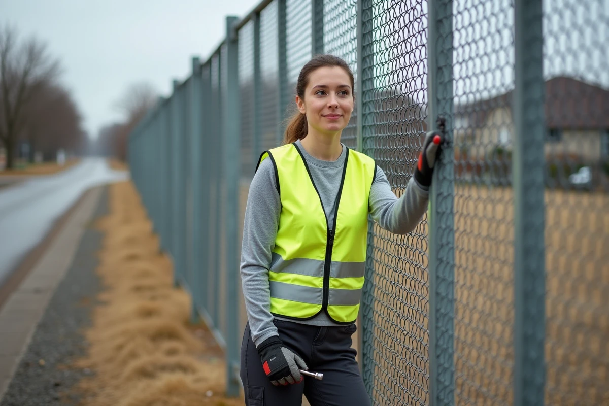 Artisane professionnelle posant une clôture grillagée métallique en bordure de propriété