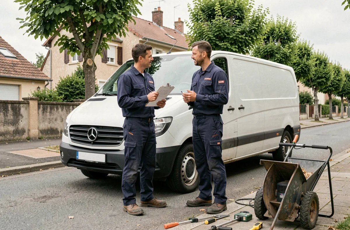 Deux artisans élagueurs consultant un devis avant une intervention à Limoges