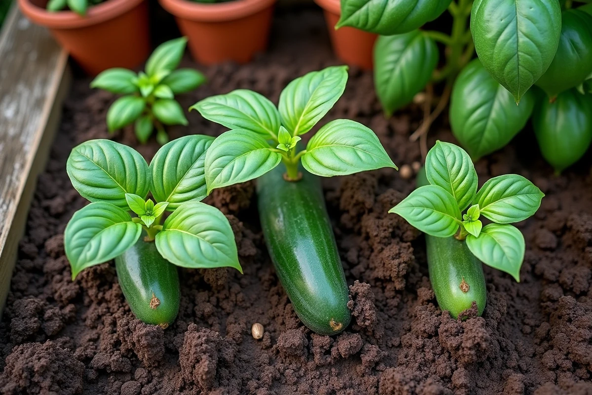 Vue de dessus de jeunes plants de concombres mélangés à des pommes de terre et du basilic dans un carré potager, illustrant les associations déconseillées