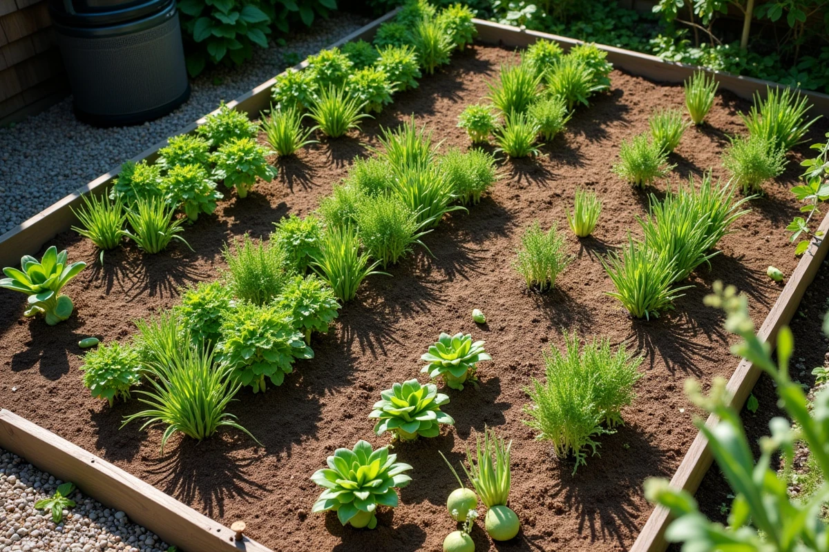 Vue aérienne d'un potager domestique montrant des rangées d'oignons et de haricots mal associés