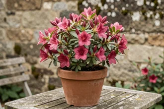 Azalée en fleurs dans un pot en terre cuite posé sur une table de jardin en bois, illustrant la longévité de la plante cultivée en pot