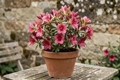 Azalée en fleurs dans un pot en terre cuite posé sur une table de jardin en bois, illustrant la longévité de la plante cultivée en pot