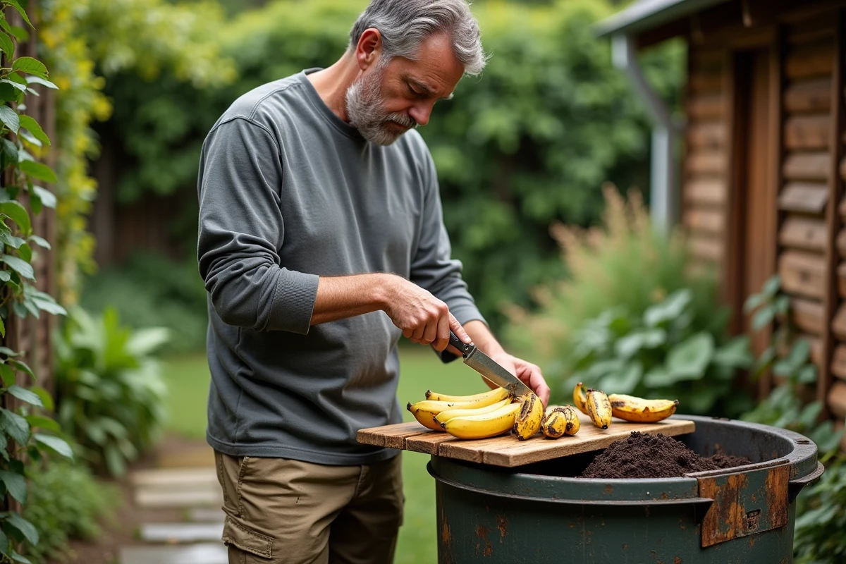 Homme qui prépare des épluchures de banane pour le compost et l'amendement naturel du jardin