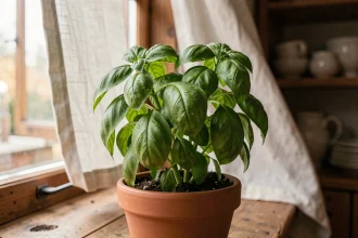 Plant de basilic en pot sur un rebord de fenêtre en bois dans une cuisine, plante naturelle pour repousser les mouches