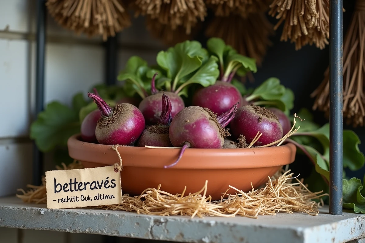 Betteraves fraîches posées sur de la paille dans un pot en terre cuite avec une étiquette manuscrite dans un cabanon de jardin
