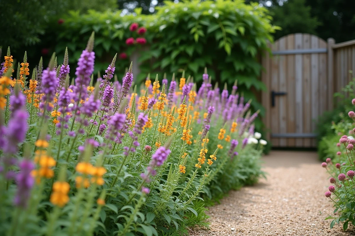 Bordure de jardin champêtre avec une abondance de fleurs à longue floraison en fin d'été