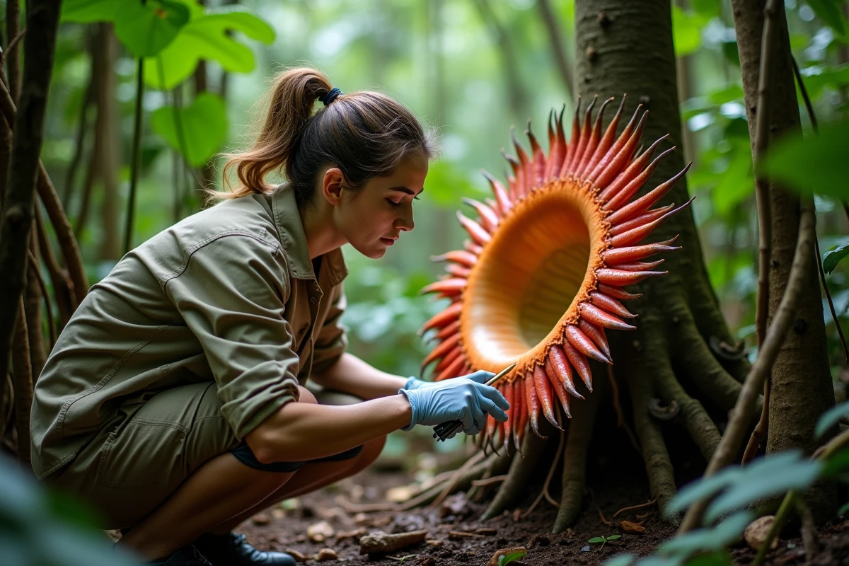 Botaniste femme examinant une fleur Rafflesia arnoldii géante dans la jungle tropicale, avec carnet de notes et gants de protection, illustrant la recherche scientifique sur le terrain