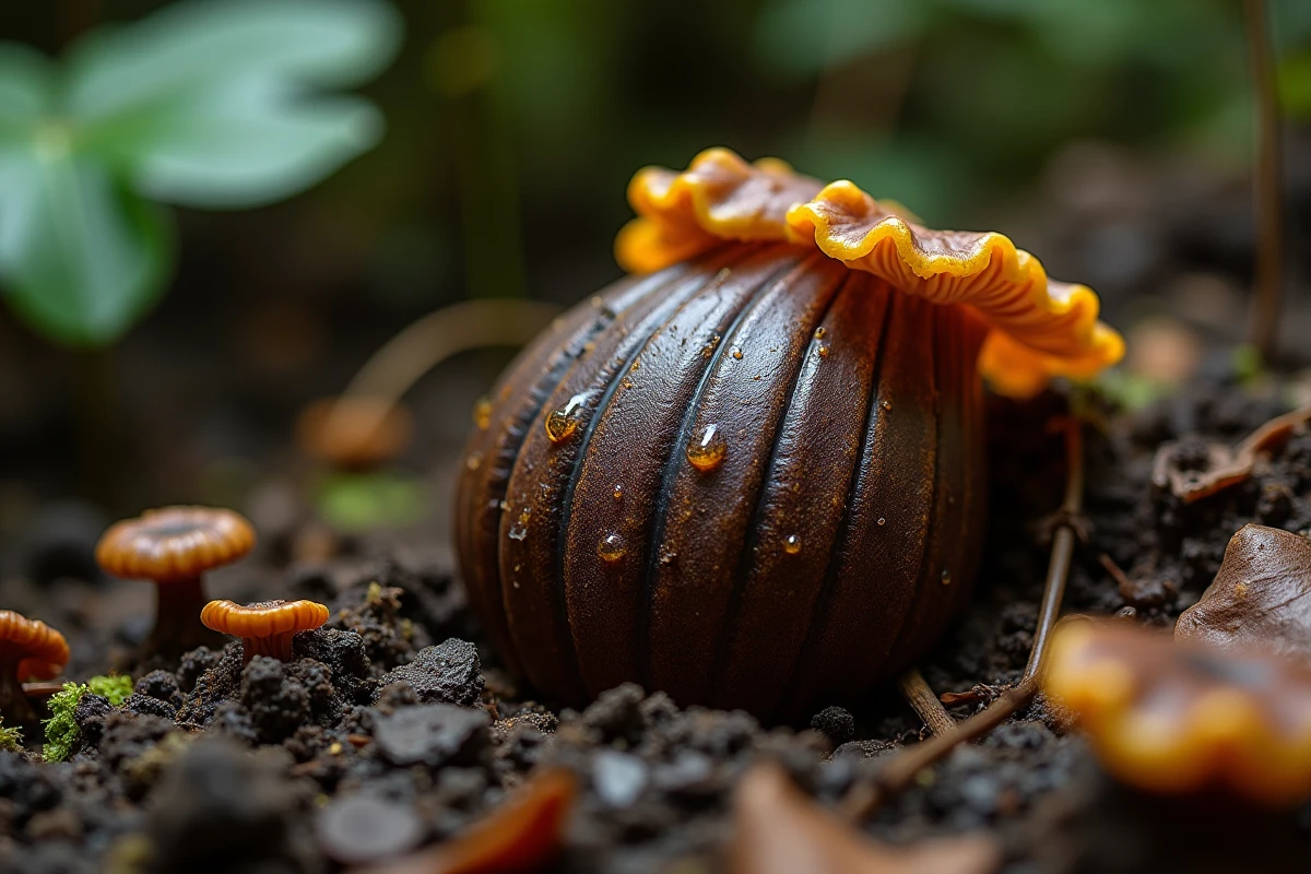 Gros plan macro d'un bouton floral de Rafflesia arnoldii émergeant du sol de la forêt de Bornéo, révélant la texture complexe et les gouttelettes d'humidité de sa bractée brune