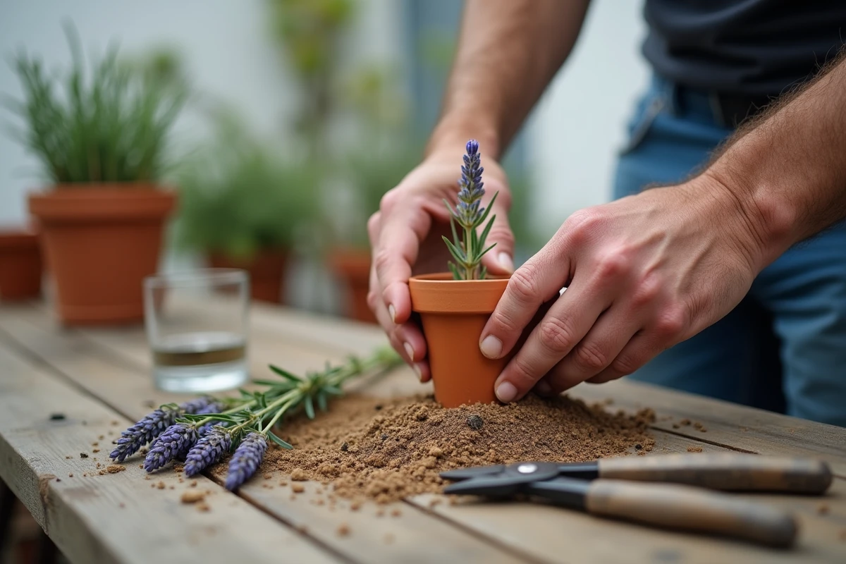 Mains masculines replantant une bouture de lavande dans un pot en terre cuite avec terreau sableux sur table en bois