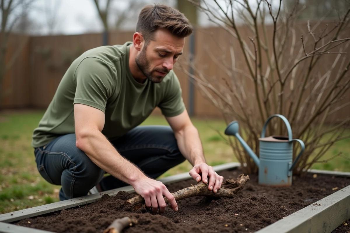 Homme plantant une bouture ligneuse dans un parterre de jardin extérieur au début du printemps