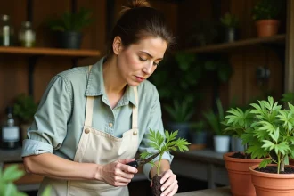 Femme taillant une bouture d'érable du Japon sur un établi en bois dans une serre rustique avec de la poudre d'hormone d'enracinement