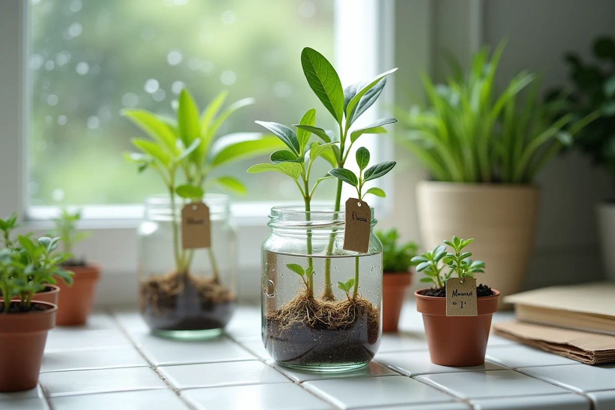 Boutures de plantes en cours d'enracinement dans des bocaux en verre sur un rebord de fenêtre intérieur avec étiquettes artisanales