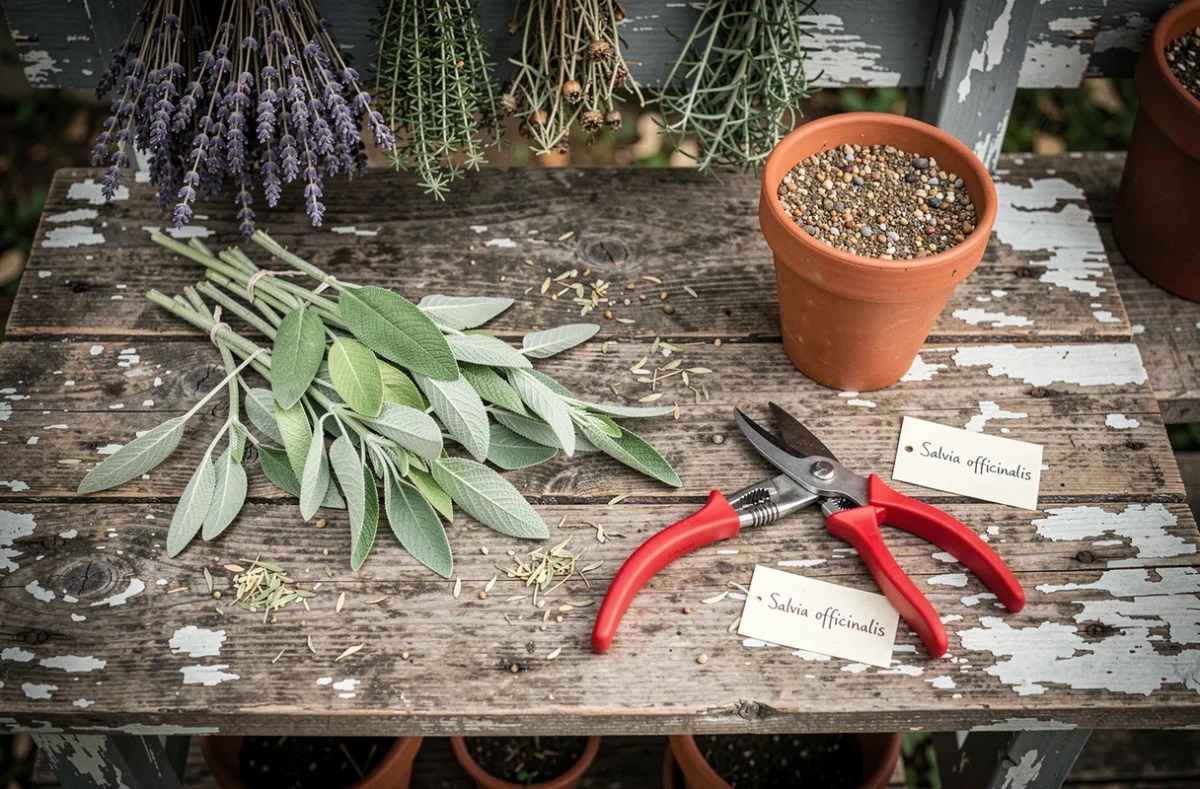 Vue de dessus des boutures de sauge fraîches, sécateur et pot en terre cuite sur un établi de jardinage en bois patiné
