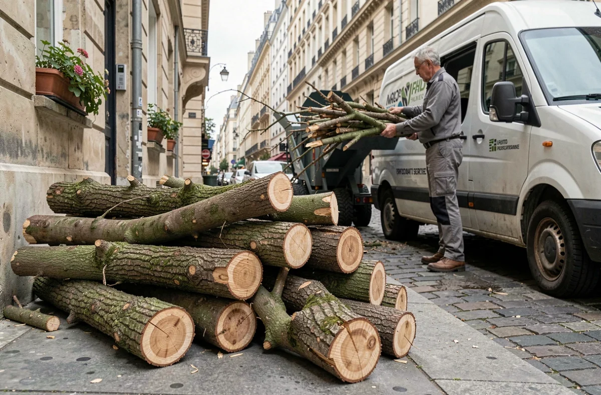 Branches d'arbres fraîchement coupées sur un trottoir parisien avec un ouvrier chargeant un broyeur de végétaux