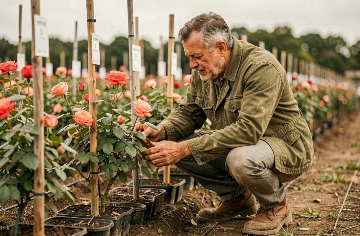 Un horticulteur inspectant des rosiers greffés dans les champs de la pépinière Brevet Jean-Pierre