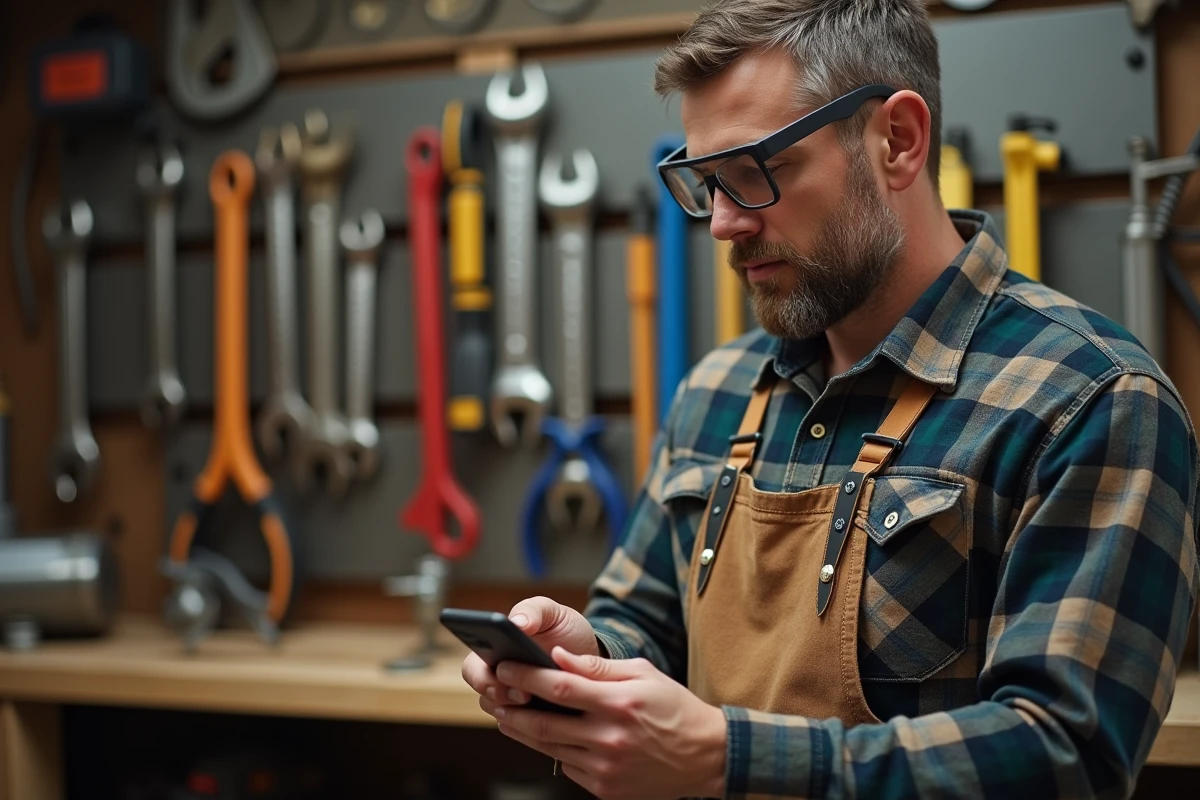 Bricoleur consultant son smartphone pour comparer les prix d'outils dans un atelier
