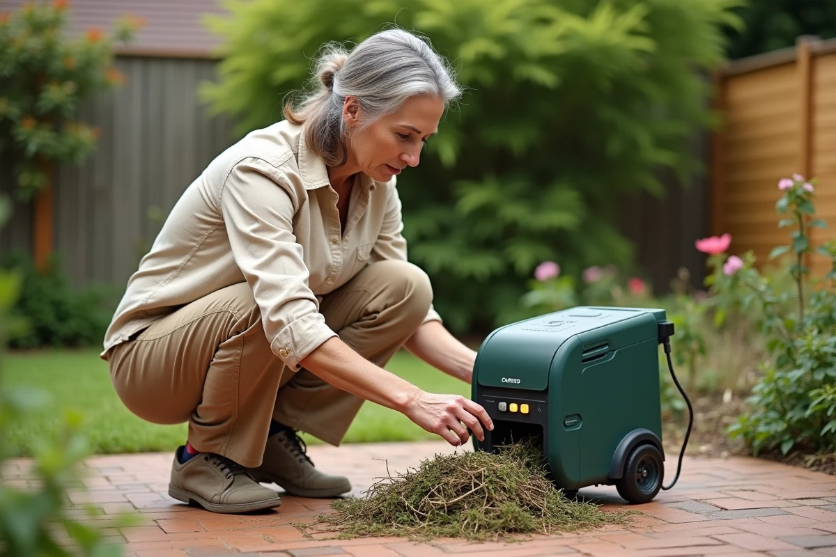 Femme comparant la taille d'un broyeur de jardin compact pour les déchets végétaux dans un jardin résidentiel