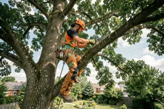 Bûcheron élagueur grimpeur en hauteur dans un grand chêne, équipé d'un harnais professionnel et d'une scie à main, réalisant une taille d'élagage dans un jardin suburban