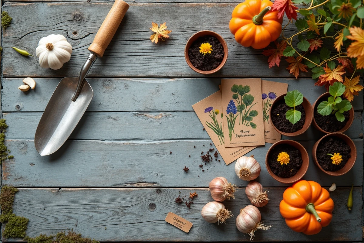 Composition à plat de bulbes, plants et outils de jardinage pour les semis d'automne en septembre et octobre