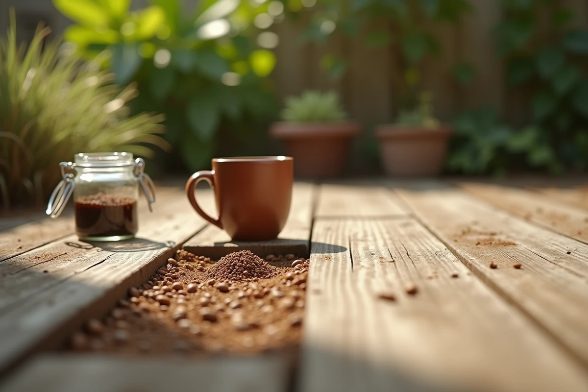 Café instantané répandu sur une terrasse en bois comme répulsif naturel contre une fourmilière dans le jardin