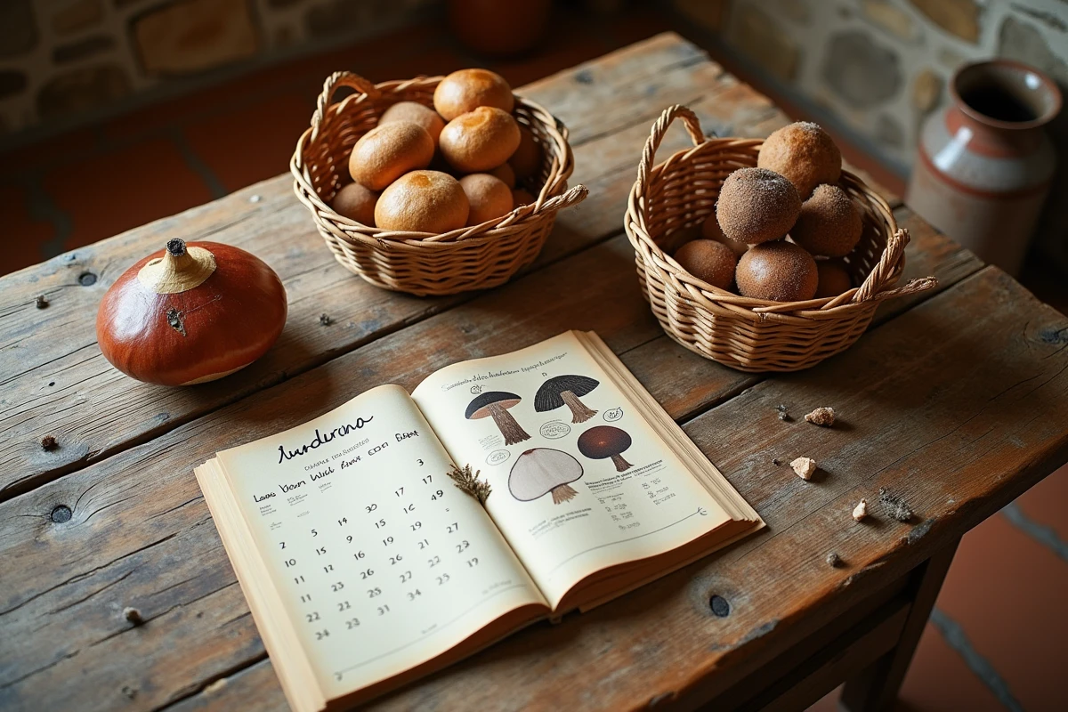 Calendrier saisonnier des champignons posé sur une table en bois avec des cèpes et un guide mycologique