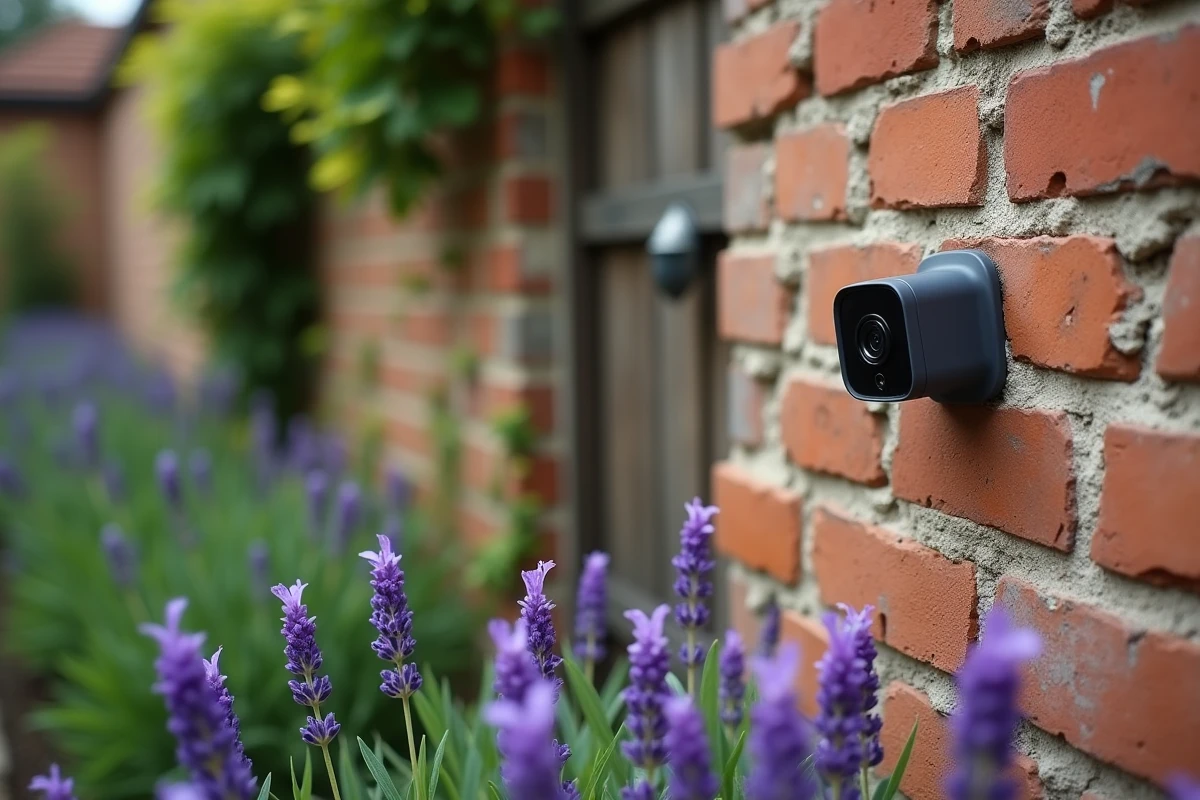 Caméra Wi-Fi et capteur de mouvement installés sur un mur de jardin entouré de lavande