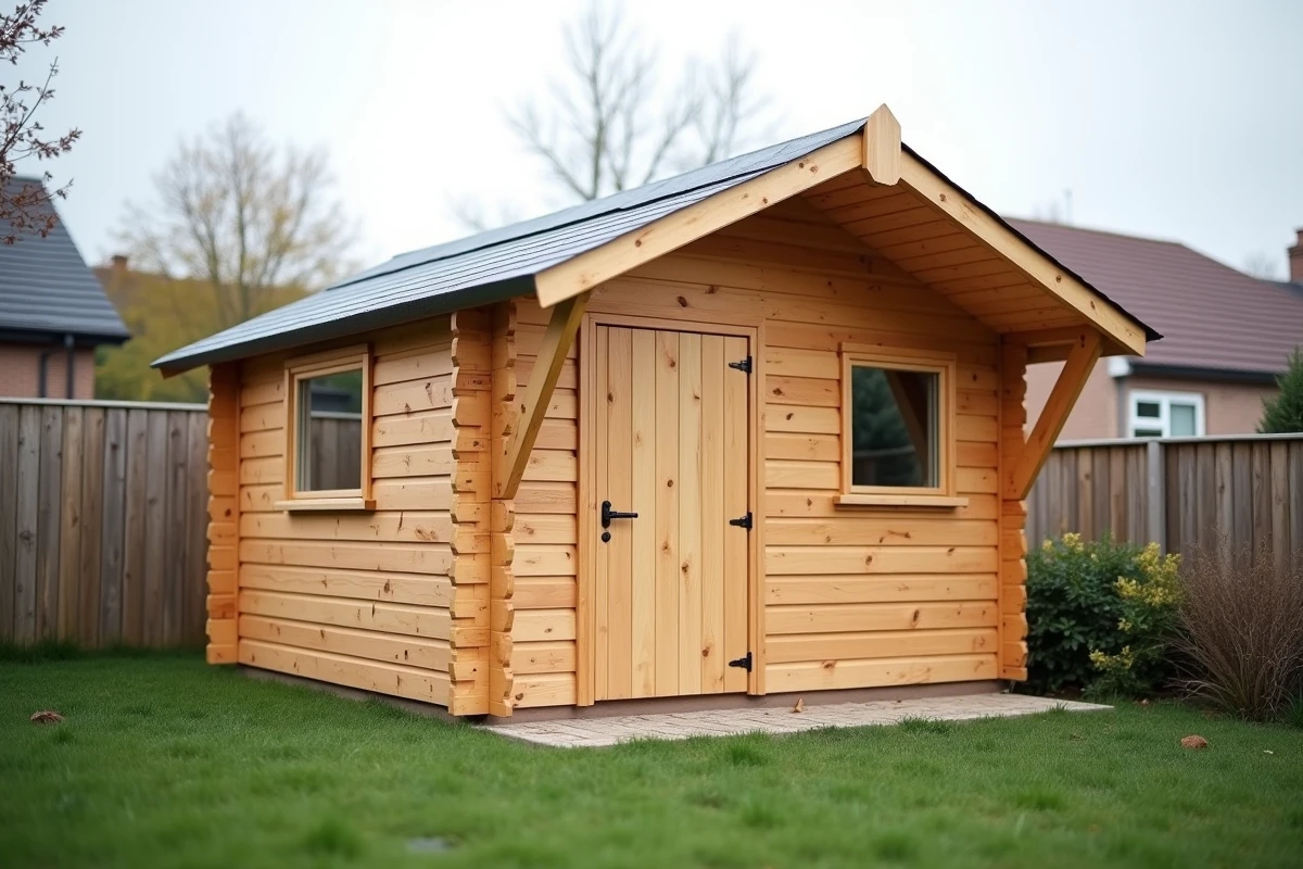 Petit chalet en bois préfabriqué installé dans un jardin résidentiel illustrant une construction sans permis de construire