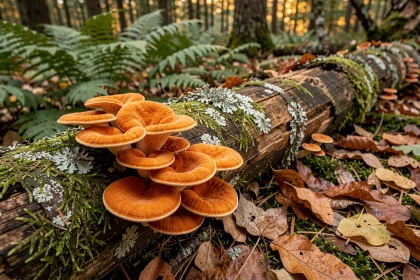 Champignons orange en forme de console poussant en grappe sur un vieux tronc mort en forêt tempérée