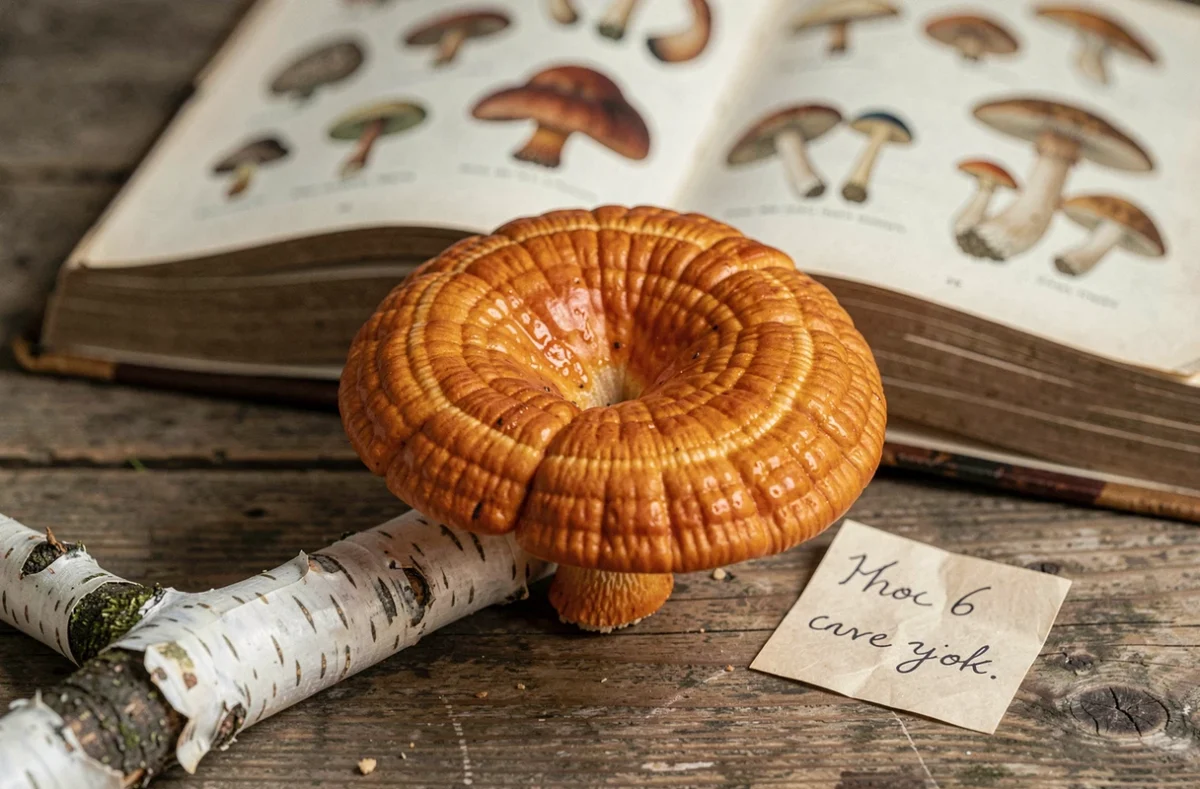 Gros plan d'un champignon orange sur bois posé sur une table en bois avec un livre de mycologie ouvert en arrière-plan