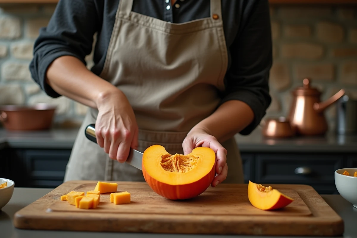 Cheffe cuisinière découpant une citrouille Bleu de Hongrie sur une planche en bois dans une cuisine en pierre
